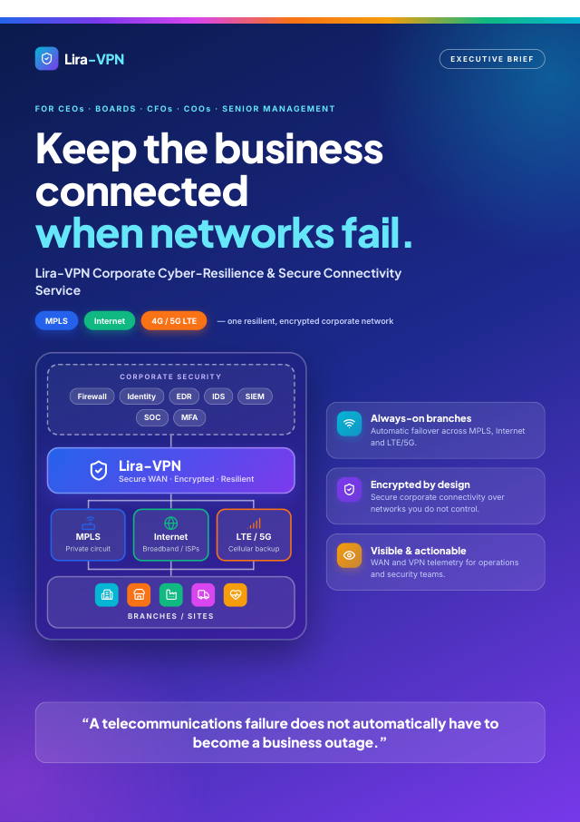 Cover of the Lira-VPN for SMEs brochure — keep the business connected when networks fail